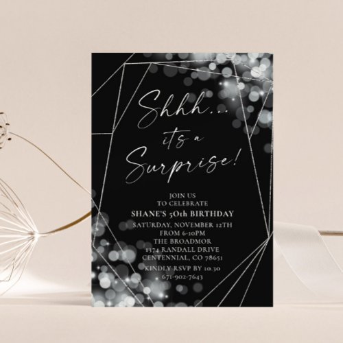 Silver Bokeh Surprise Birthday Party  Invitation