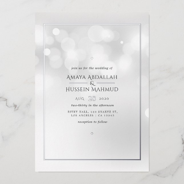 Silver Bokeh Wedding Foil Invitation (Front)