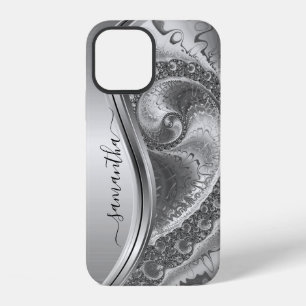 Silver Bold Metallic Handwritten Monogram iPhone 12 Case