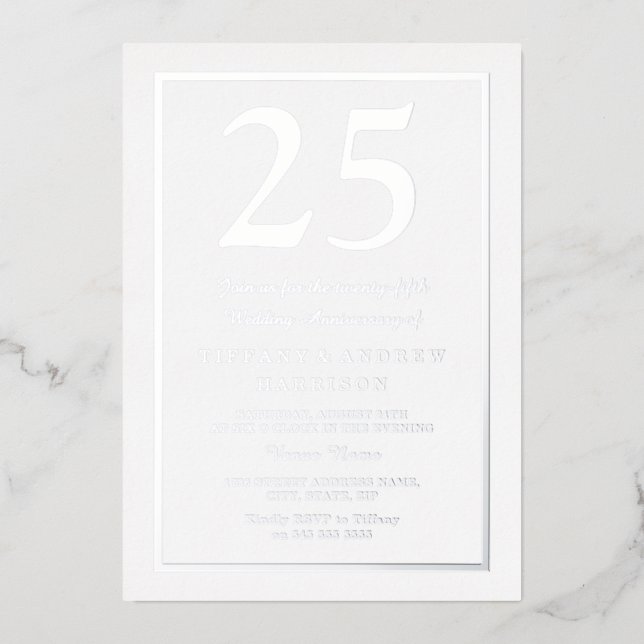 Silver Border 25th Wedding Anniversary Silver Foil Invitation (Front)