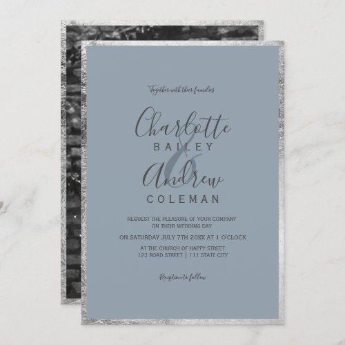 Silver border dusty blue script  photo wedding invitation