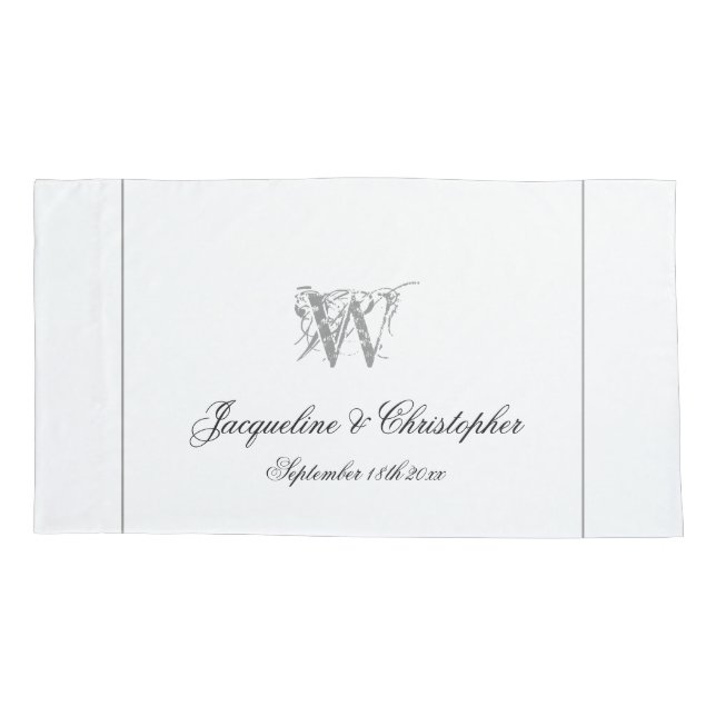 Silver Border & Monogram Names Chic Wedding Pillow Case (Back)