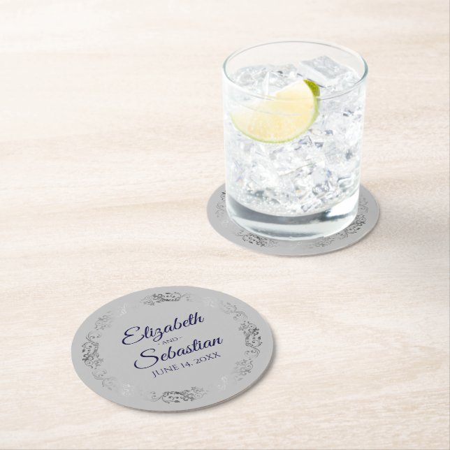 Silver Border Navy Blue on Gray Elegant Wedding Round Paper Coaster (Insitu)
