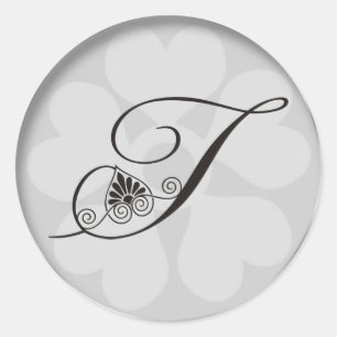 Silver Border Swirls Monogram T Classic Round Sticker