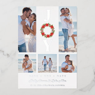 Silver Botanic Christmas Wreath Initials 5 Photos Foil Invitation