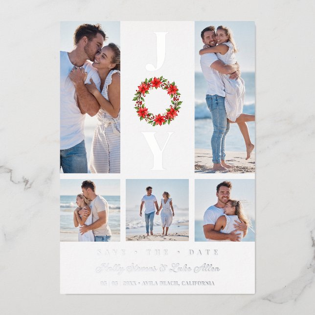 Silver Botanic Christmas Wreath Initials 5 Photos Foil Invitation (Front)