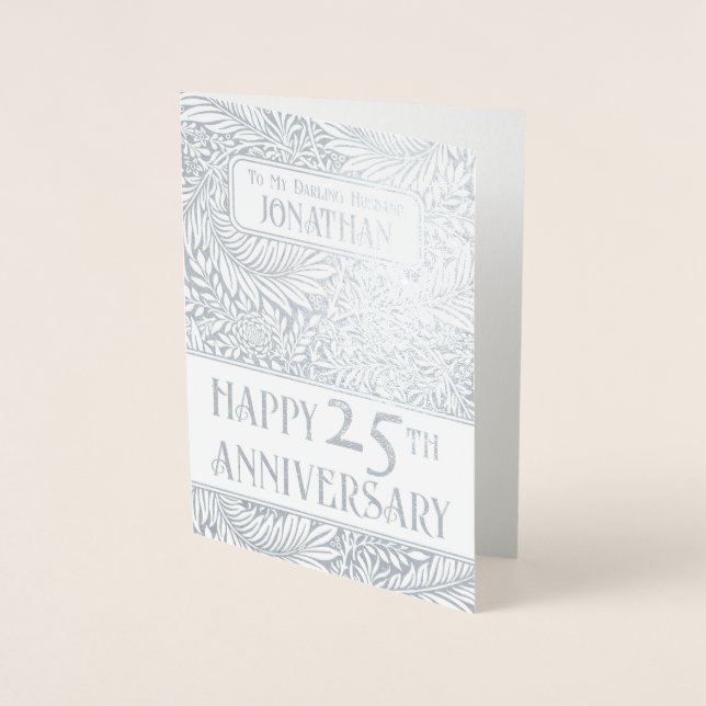 Silver Botanical 25th Wedding Anniversary Real Foil Card (Front)