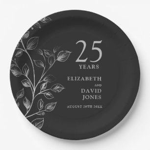 Silver Botanical Floral 25th Wedding Anniversary Paper Plates