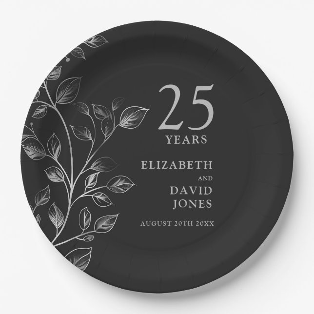 Silver Botanical Floral 25th Wedding Anniversary Paper Plates (Front)