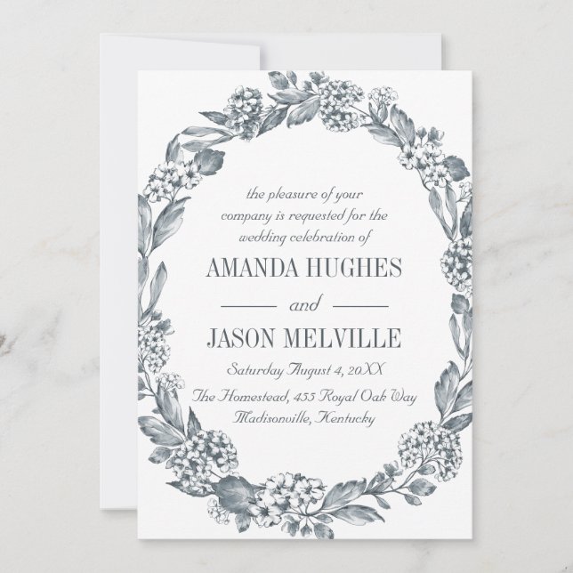 Silver Botanical | Floral wreath wedding Invitation (Front)