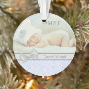 Silver Bow Blue Pastel Baby 1st Christmas Photo Ornament