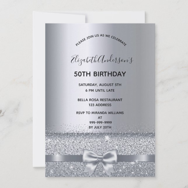 Silver bow elegant birthday invitation (Front)