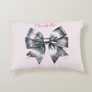 Silver Bow Faux Glitter Personalized Accent Pillow