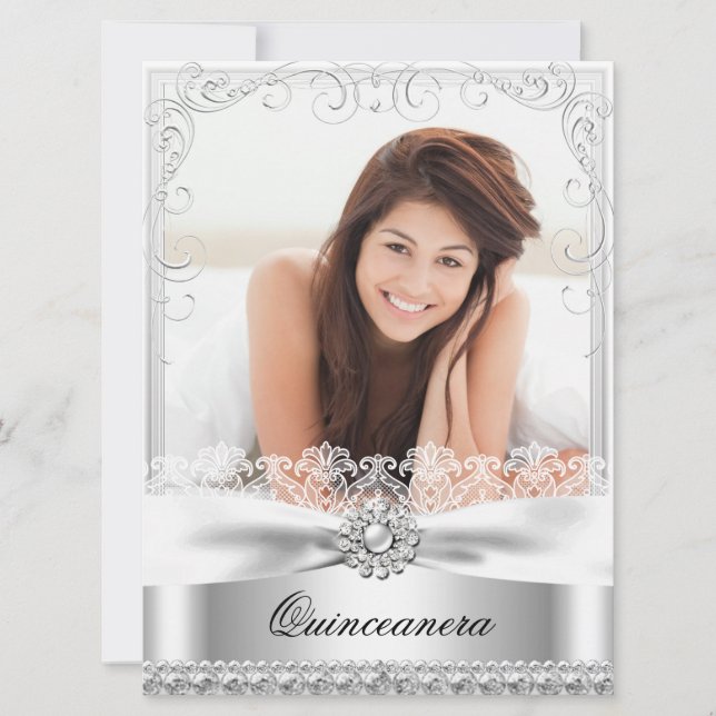 Silver Bow & Lace Quinceanera Birthday Invitation (Front)