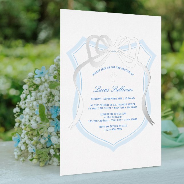 Silver Bow Light Blue Crest Baptism Foil Invitation (Creator Uploaded)