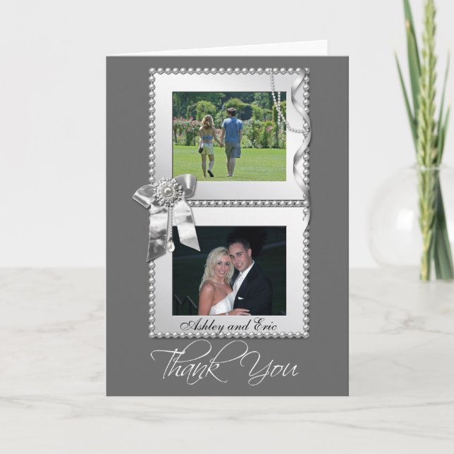 Silver Bow Photo Frame Wedding Thank You Cards (Front)