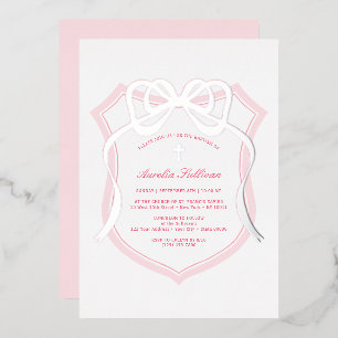 Silver Bow Pink Crest Baptism Foil Invitation