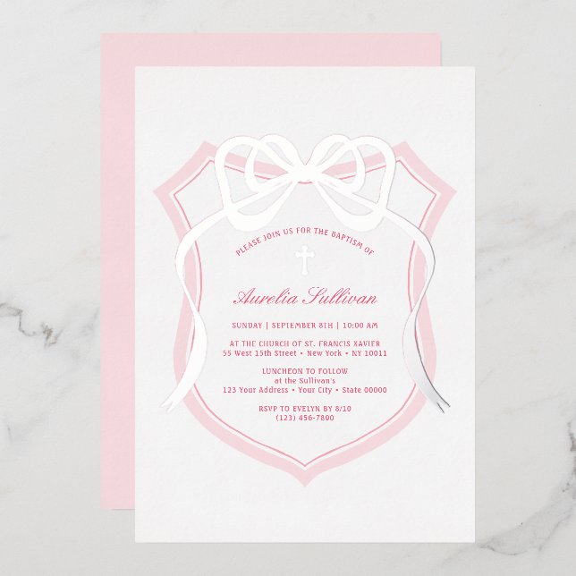 Silver Bow Pink Crest Baptism Foil Invitation (Front/Back)