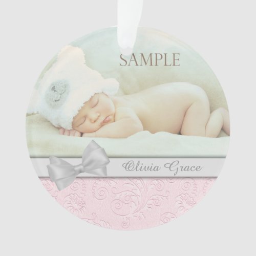 Silver Bow Pink Pastel Baby 1st Christmas Photo Ornament