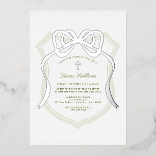 Silver Bow Sage Green Crest Baptism Foil Invitation
