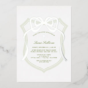 Silver Bow Sage Green Crest Baptism Foil Invitation