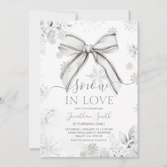 Silver Bow Snow In Love Snowflake 1st Birthday Invitation (Front)