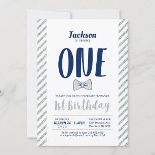 Silver, Bow Tie Boy 1st Birthday Invitation