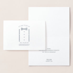 Silver Bow Tie Personalized Groomsman Proposal Foil Card