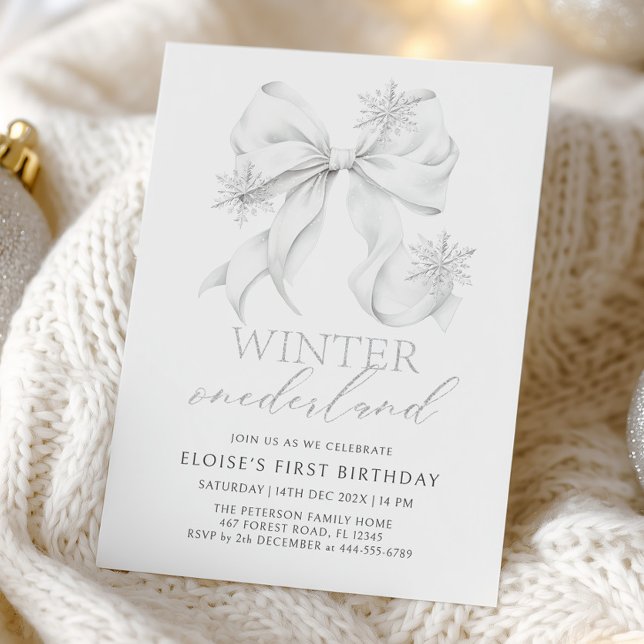 Silver Bow Winter Onederland 1st Birthday Invitation (Creator Uploaded)
