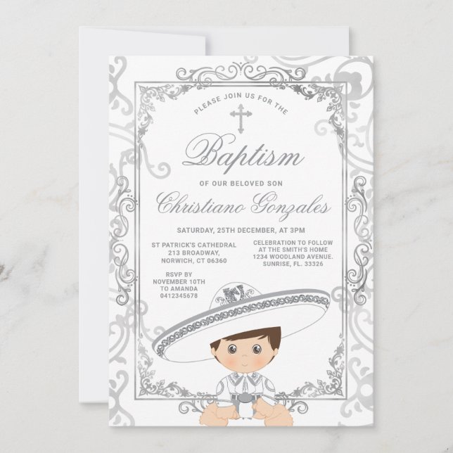 Silver Boy Mexican Baptism Charro Cross Party Invitation (Front)
