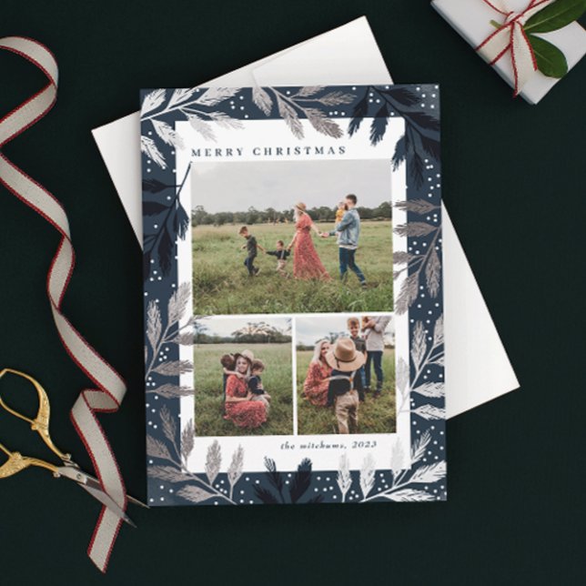 Silver Branches 3 Photo Christmas Holiday Card (Creator Uploaded)