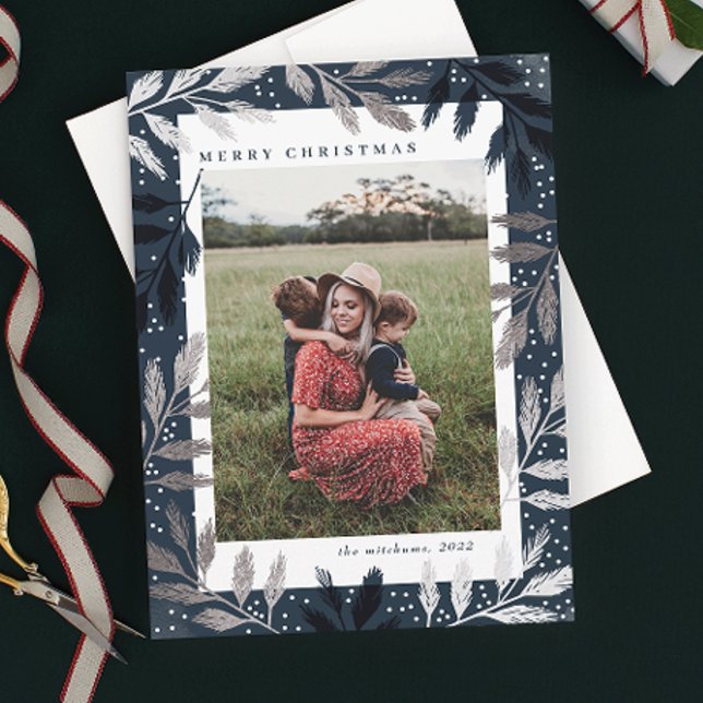 Silver Branches Merry Christmas 3 Photo Holiday Card (Creator Uploaded)