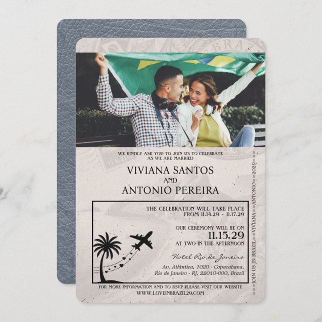 Silver Brazil Passport Wedding Invitation (Front/Back)