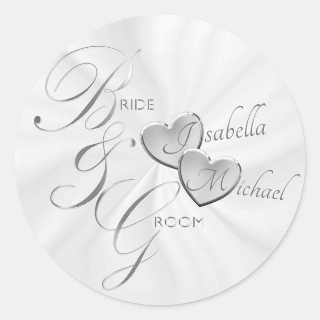 Silver Bride & Groom for the Wedding | Personalize Classic Round Sticker (Front)