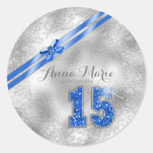 Silver Brocade Fifteenth Birthday Blue ID382 Classic Round Sticker