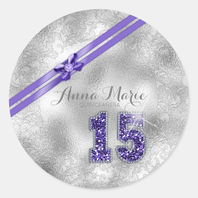 Silver Brocade Fifteenth Birthday Purple ID382 Classic Round Sticker (Front)