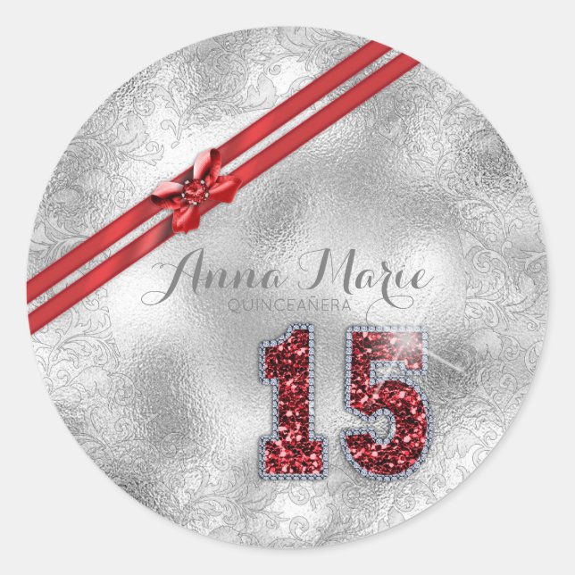 Silver Brocade Fifteenth Birthday Red ID382 Classic Round Sticker (Front)