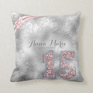 Silver Brocade Fifteenth Birthday Rose Gold ID382 Throw Pillow