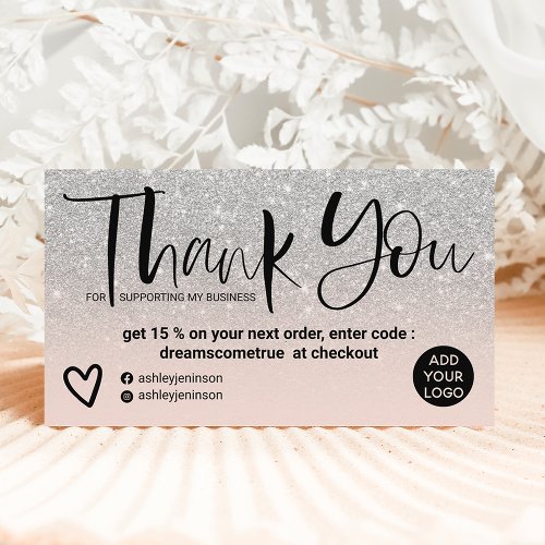 Silver brush font blush pink order thank you business card