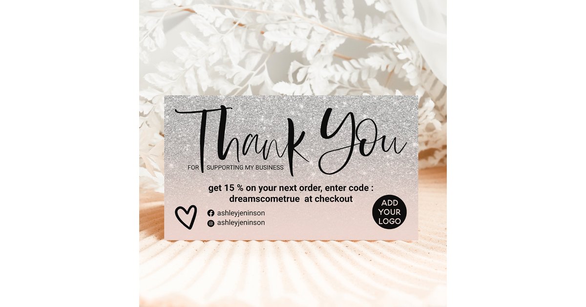 Silver brush font blush pink order thank you business card | Zazzle
