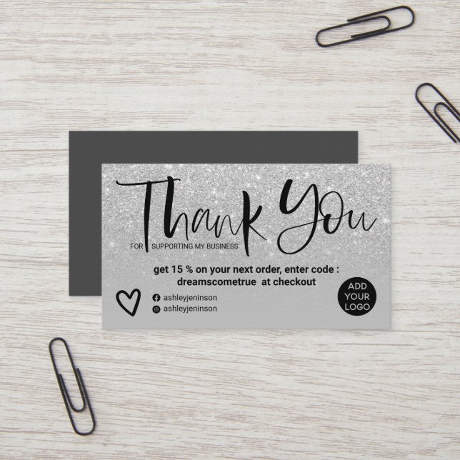 Silver brush font chic gray order thank you business card (Front/Back In Situ)