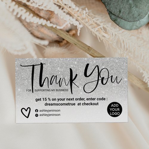 Silver brush font chic white order thank you business card