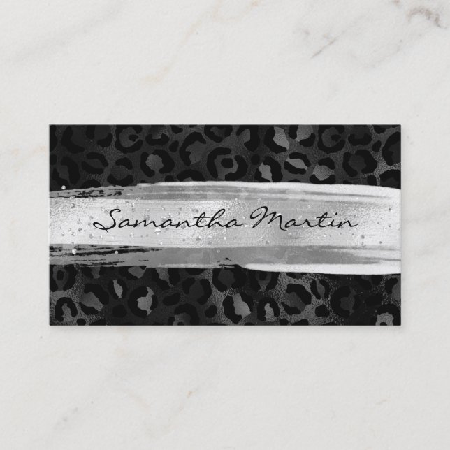 Silver Brush Stroke Black Foil Leopard Business Card (Front)