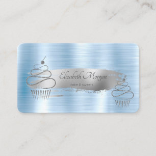 Silver Brush Stroke,Glitter Cupcakes Blue Metallic Business Card