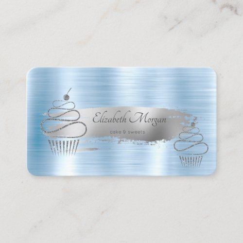 Silver Brush StrokeGlitter Cupcakes Blue Metallic Business Card