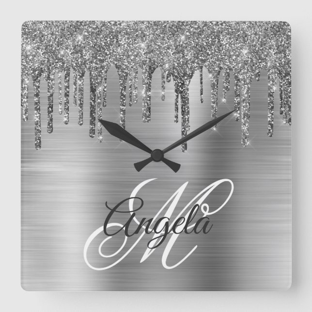 Silver Brushed Foil Glitter Drip Fancy Monogram Square Wall Clock (Front)