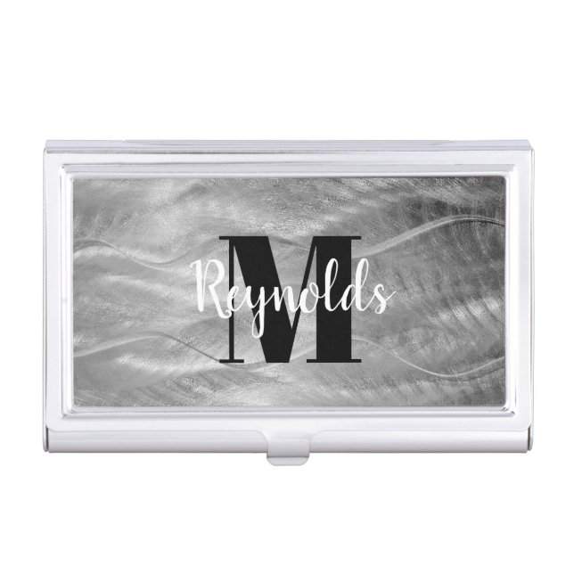 Silver Brushed Metal Abstract Silver Finish Business Card Case (Front)
