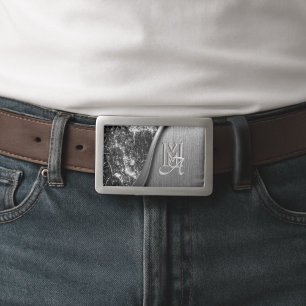 Silver Brushed metal and Metallic Stone monogram Belt Buckle