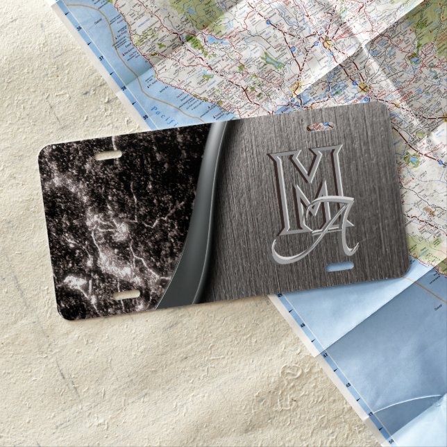 Silver Brushed metal and Metallic Stone monogram License Plate (In Situ)
