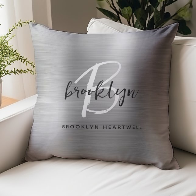 Silver Brushed Metal Black White Monogram Name Throw Pillow (Creator Uploaded)
